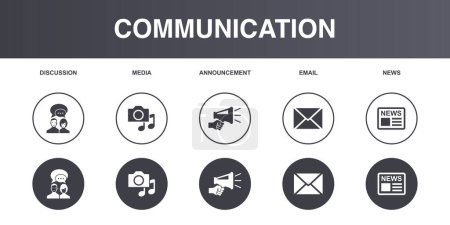 Téléchargez les photos : Discussion, media, announcement, email, news, icons set design template. Creative concept icons set 5 elements design - en image libre de droit