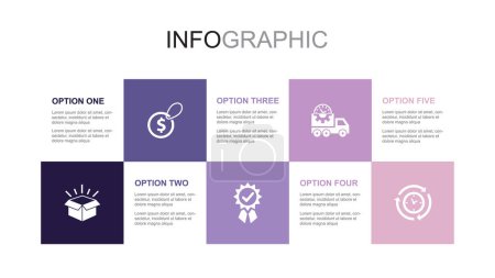 Téléchargez les photos : Product, price, quality, delivery, efficiency, icons Infographic design layout template. Creative presentation concept with 5 options - en image libre de droit
