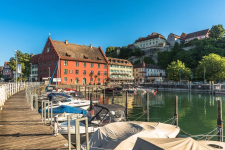 Photo for Harbor and historic houses in medieval town of Meersburg at Lake Constance, Baden-Wuerttemberg, Germany - Royalty Free Image