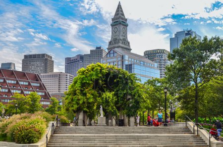 Photo for Boston, Massachusetts, New England, USA - August 20, 2012. Financial district with Custom House Tower and modern city skyline at Christopher Columbus Waterfront Park, North End, - Royalty Free Image