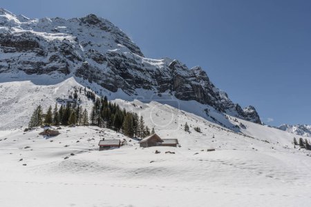 Holzhütten im Schnee in den Appenzeller Alpen, Schwägalp, Appenzell Ausserrhoden, Schweiz