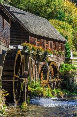 Photo for Furtwangen, Baden-Wuerttemberg, Germany - October 13, 2017. Hexenlochmuehle, Hexenloch Mill, traditional water mill with two water wheels in the Black Forest - Royalty Free Image
