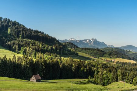 Landscape in the Appenzellerland, view to the Alpstein mountains with Saentis, Canton Appenzell Ausserrhoden, Switzerland
