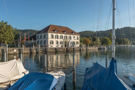 Marina and old customs house in Bodman-Ludwigshafen on Lake Constance, Baden-Wuerttemberg, Germany,