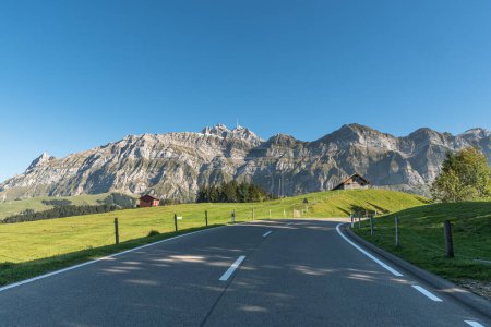 Pass road to Schwaegalp with view of the Alpstein with Saentis, Canton of Appenzell Ausserrhoden, Switzerland