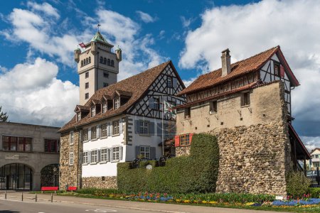 Arbon, Canton of Thurgau, Switzerland - April 24, 2024. Roemerhof and parts of the old town wall in Arbon