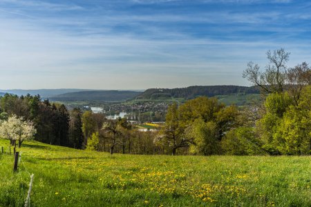 Vue sur le Rhin et le village de Stein am Rhein avec le château de Hohenklingen, Klingenzell, canton de Thurgovie, Suisse