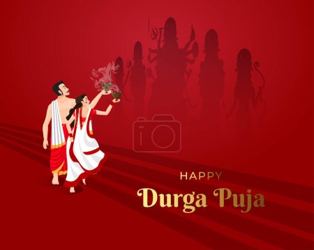 Illustration de personnes célébrant le Happy Durga Puja, Subh Navratri Festival avec danse Dhunuchi sur la musique dhak