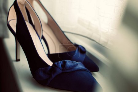 Téléchargez les photos : Chaussures femme bleu foncé sur un fond clair - en image libre de droit