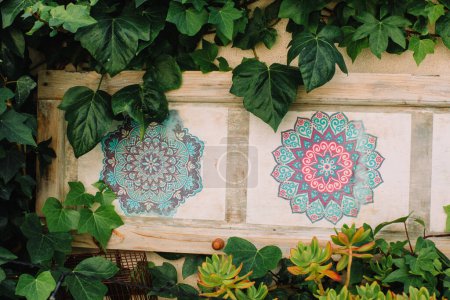 Foto de Dibujos de hiedra verde y mandala en la pared en el jardín - Imagen libre de derechos