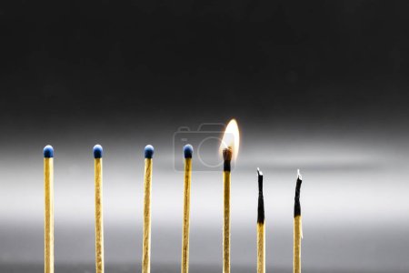 Set of seven matches burning in a chain reaction