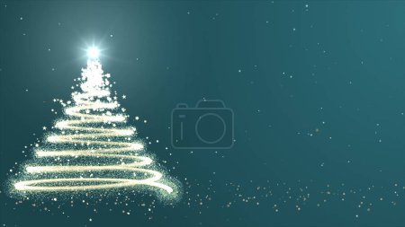 Foto de Árbol de Navidad, partículas doradas, estrella brillante, nevadas, espacio para copiar. Tarjeta de felicitación navideña sobre fondo oscuro nevado. - Imagen libre de derechos