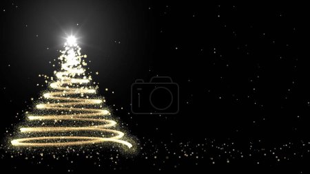 Photo for Golden Particles, Glowing Star, Snowfall and Christmas Tree Digital Illustration Card on Black Background. Copy Space. - Royalty Free Image