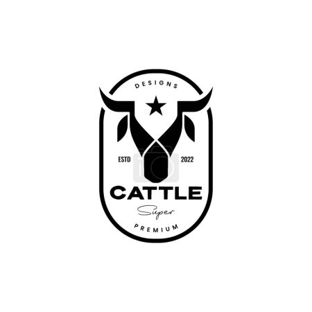 Téléchargez les illustrations : Tête bovins vache badge géométrique vintage logo design vecteur - en licence libre de droit
