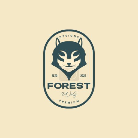 Téléchargez les illustrations : Wolf head forest wildlife with badge insignia sticker vintage retro logo design vector icon illustration template - en licence libre de droit