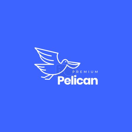 Téléchargez les illustrations : Flying bird pelican flapping wings looking fish water lines art style logo design vector icon illustration template - en licence libre de droit