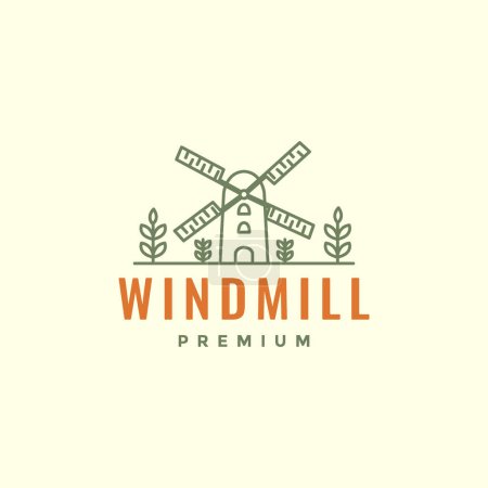Téléchargez les illustrations : Windmill turning wind propeller and trees culture freshness hipster vintage logo design vector icon illustration template - en licence libre de droit