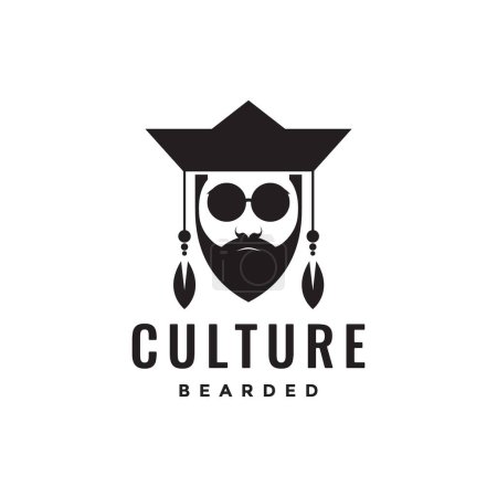 Illustration for Culture old man bearded chinese face headgear cool logo design vector icon illustration - Royalty Free Image