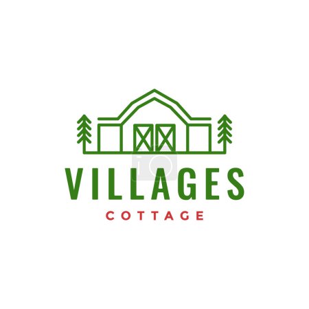 Téléchargez les illustrations : Village cottage home warehouse wood trees relax green line minimalist logo design vector - en licence libre de droit