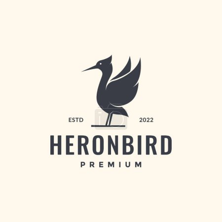 Illustration for Heron bird long beak fly looking fish lake hipster vintage logo design vector - Royalty Free Image