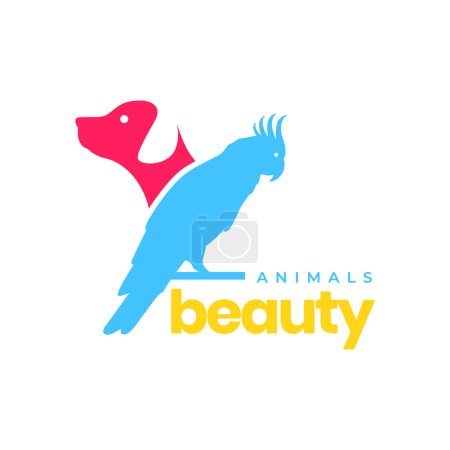 Téléchargez les illustrations : Cacatoès oiseau et chien beauté animaux de compagnie coloré abstrait moderne mascotte logo icône vectoriel illustration - en licence libre de droit
