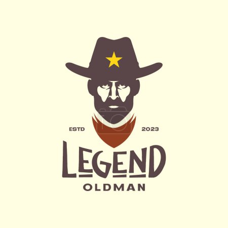old man bearded legend cowboy hat bandanna classic vintage hipster logo vector icon illustration