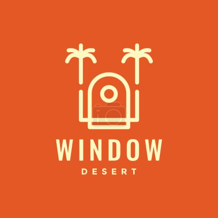 window with coconut tree and palm simple geometric line minimal logo design vector icon illustration