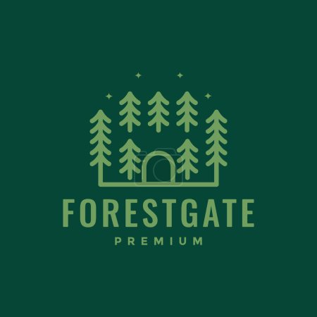 gate forest tree pines spruce night minimalist style line simple logo design vector icon illustration