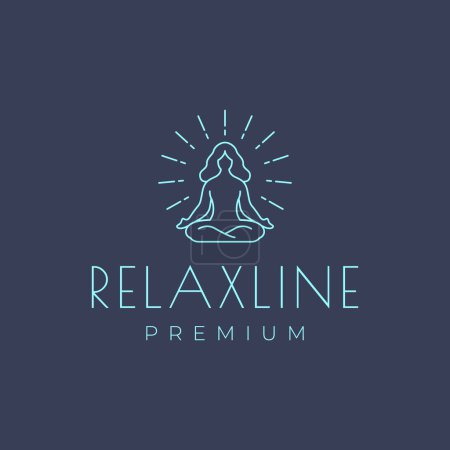 woman long hair relax yoga pose posture seated modern line minimalist simple logo design vector icon illustration
