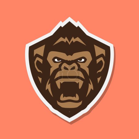Téléchargez les illustrations : Primate gorille portrait rugissement avec bouclier faune bête croc moderne coloré mascotte personnage autocollant logo conception vectoriel icône illustration - en licence libre de droit
