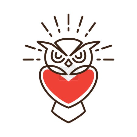 horned owlet love heart sunburst line colored mascot character simple minimal logo design vector illustration