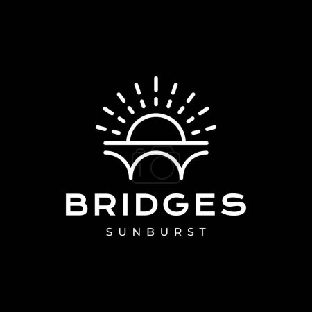 Téléchargez les illustrations : Pont arche avec coucher de soleil sunburst style ligne simple moderne propre logo plat design vectoriel icône illustration - en licence libre de droit