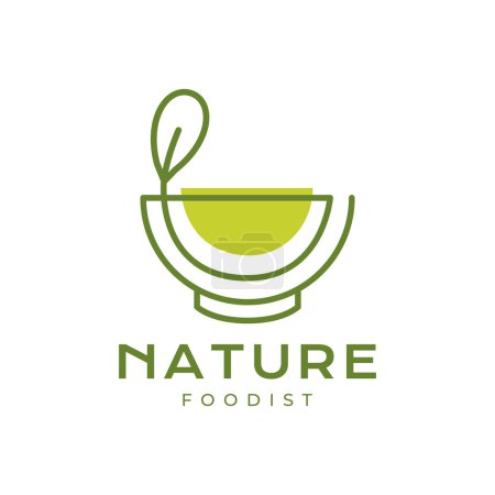 cocina natural cuenco hojas línea estilo salud sopa natural vegetal mínimo logotipo diseño vector icono ilustración