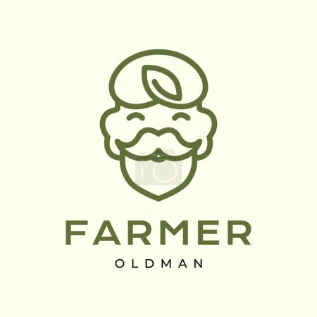 Ilustración de Viejo hombre cara retrato granjero barbudo bigote sonrisa mascota dibujos animados carácter línea estilo simple logo diseño vector icono ilustración - Imagen libre de derechos