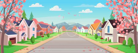 Vorstädtische Häuser, Straße mit Häuschen mit Garagen im Frühjahr. Eine Straße voller Häuser mit blühenden Bäumen und einer Straße in der Perspektive. Dorf. Vektorillustration im Cartoon-Stil.