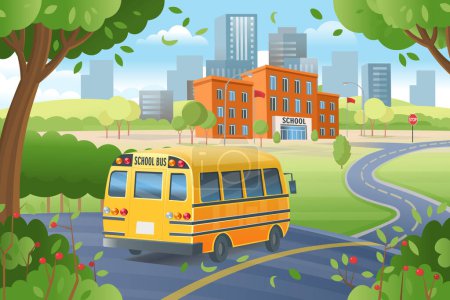 Illustration for Yellow school bus on the way to school.  Back to school. Road to school. Cartoon vector illustration. - Royalty Free Image