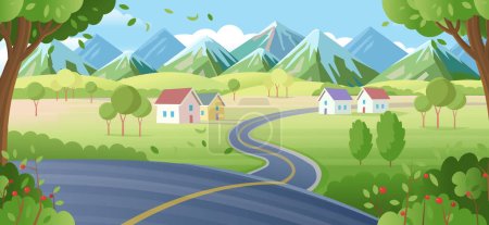 Illustration for Suburb houses with road and city buildings on skyline in summer. Landscape with winding road, suburban houses and skyscrapers on the horizon.village, beautiful nature, clean air.  Vector cartoon style - Royalty Free Image