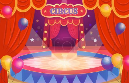 Ilustración de Arena de circo con un escenario redondo para el espectáculo. Arena con cortina. Interior con globos. - Imagen libre de derechos