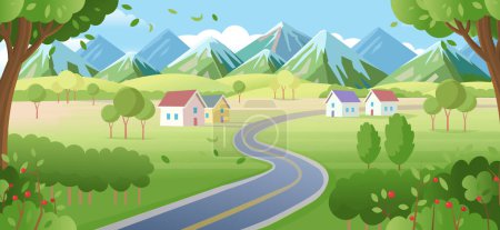 Illustration for Suburb houses with road and city buildings on skyline in summer. Landscape with winding road, suburban houses and skyscrapers on the horizon.village, beautiful nature, clean air.  Vector cartoon style - Royalty Free Image