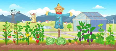 Granja panorámica con jardín con verduras en las camas, molinos, campos, árboles, molino de viento, espantapájaros. Gran escena para niños.Ilustración vectorial en estilo de dibujos animados.  