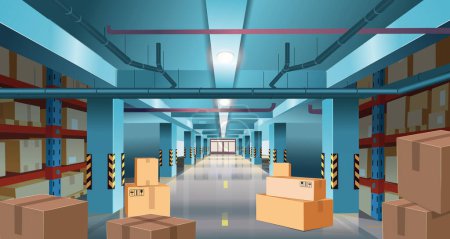 Illustration for Perspective view of big warehouse with cardboard boxes on racks. Interior of storage room in store, factory, market, hardware store. Vector cartoon illustration. - Royalty Free Image