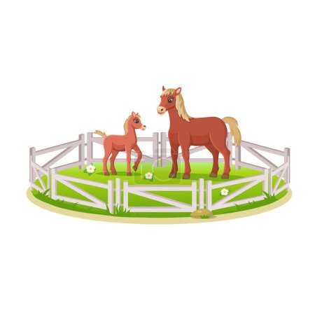 Illustration for Fence for horses. Paddock with horses. Cartoon horse for kids. Farm animals.Vector illustration - Royalty Free Image