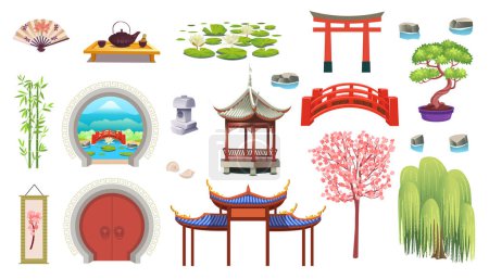 Japanische Steinlaterne, Sakura, Bonsai, runde offene Tür, Gartenbrücke, Seerosen, Ventilator
