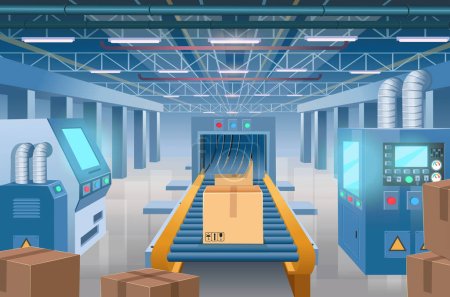 Factories with machine tools and a conveyor. Industrial interior. Smart factory. Industry 4.0. Vector cartoon illustration