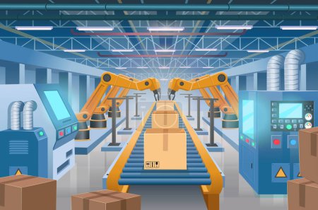Conveyor belt with cardboard boxes at factory, plant or warehouse. Perspective view. Factories with machine tools and a conveyor. Industrial interior. Smart factory. Industry 4.0. Vector cartoon 
