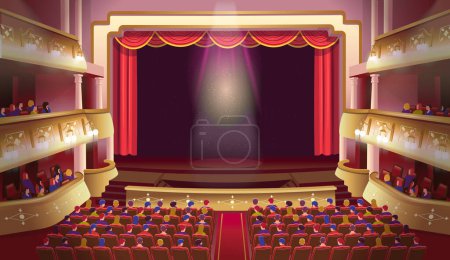 Grand Theatre. Theater stage with people. Theater scene interior with balconies and seats. A theater stage with a red open curtain and columns. Vector template illustration