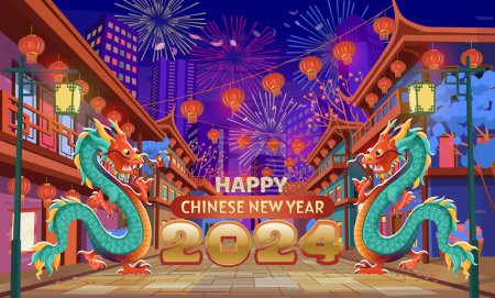 Panorama rue chinoise avec de vieilles maisons, arc chinois, lanternes et une guirlande et dragon chinois. Illustration vectorielle de la rue de la ville en style dessin animé. symbole du zodiaque de 2024. Dragons volants.