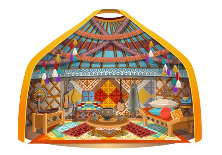 Téléchargez les illustrations : Intérieur d'une maison de yourte kazakhe traditionnelle à l'intérieur, aul. Intérieur d'une yourte avec un lit, une table, une armoire, un lavabo, une dombra, une peau de loup. Intérieur confortable dans le style de dessin animé. - en licence libre de droit