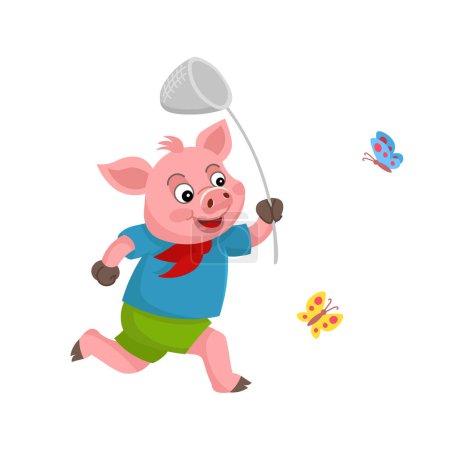 Téléchargez les illustrations : Cochon de bande dessinée courir après les papillons avec un filet. Les trois petits cochons. - en licence libre de droit