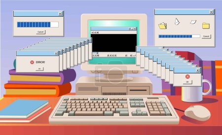 Illustration for Retro computer with screen and keyboard. Computer 80-90s. Front faced. Cartoon style. - Royalty Free Image